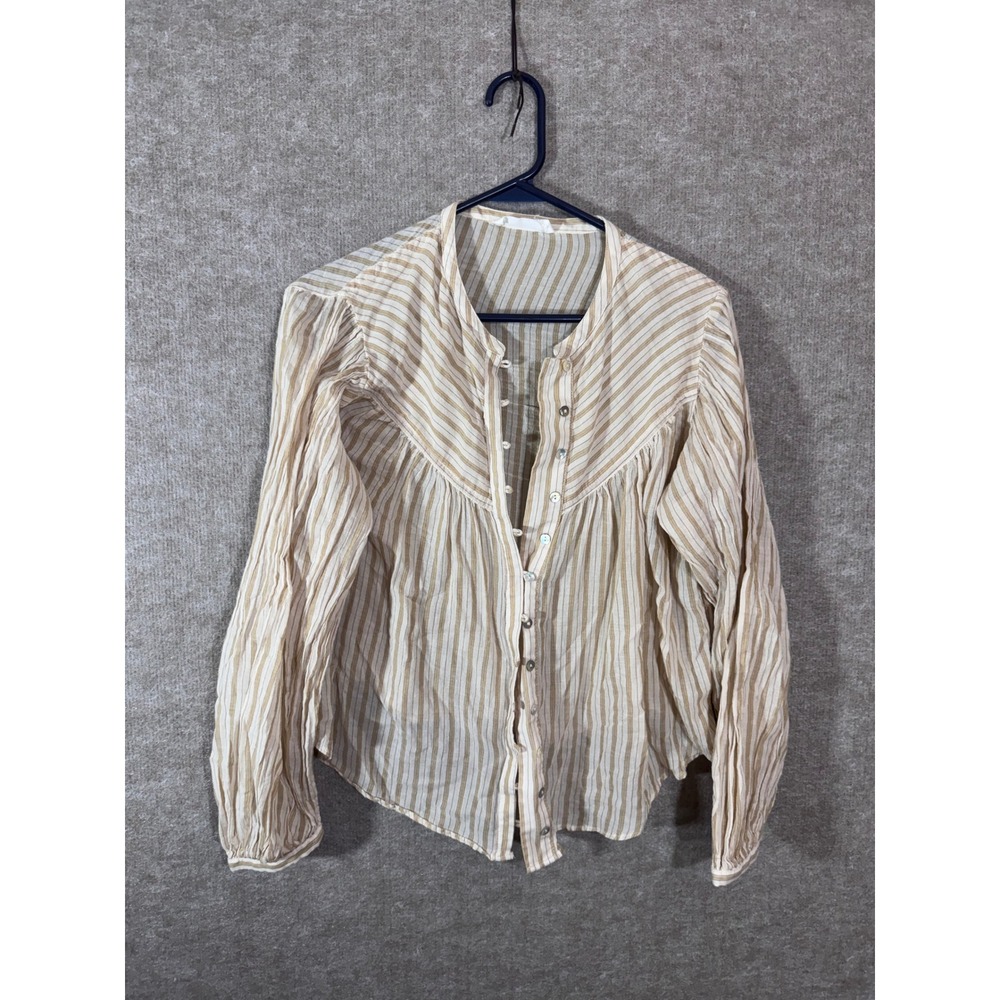 MNG Mango Striped Button Front Blouse Womens XS 2 Tan Long Sleeve Boho Prairie